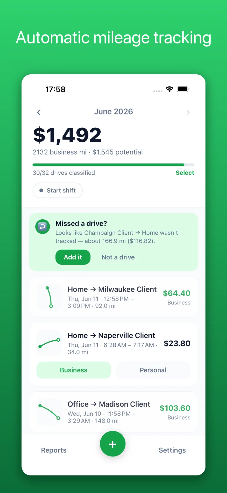 Routio home screen showing $1,492 in tracked mileage deductions